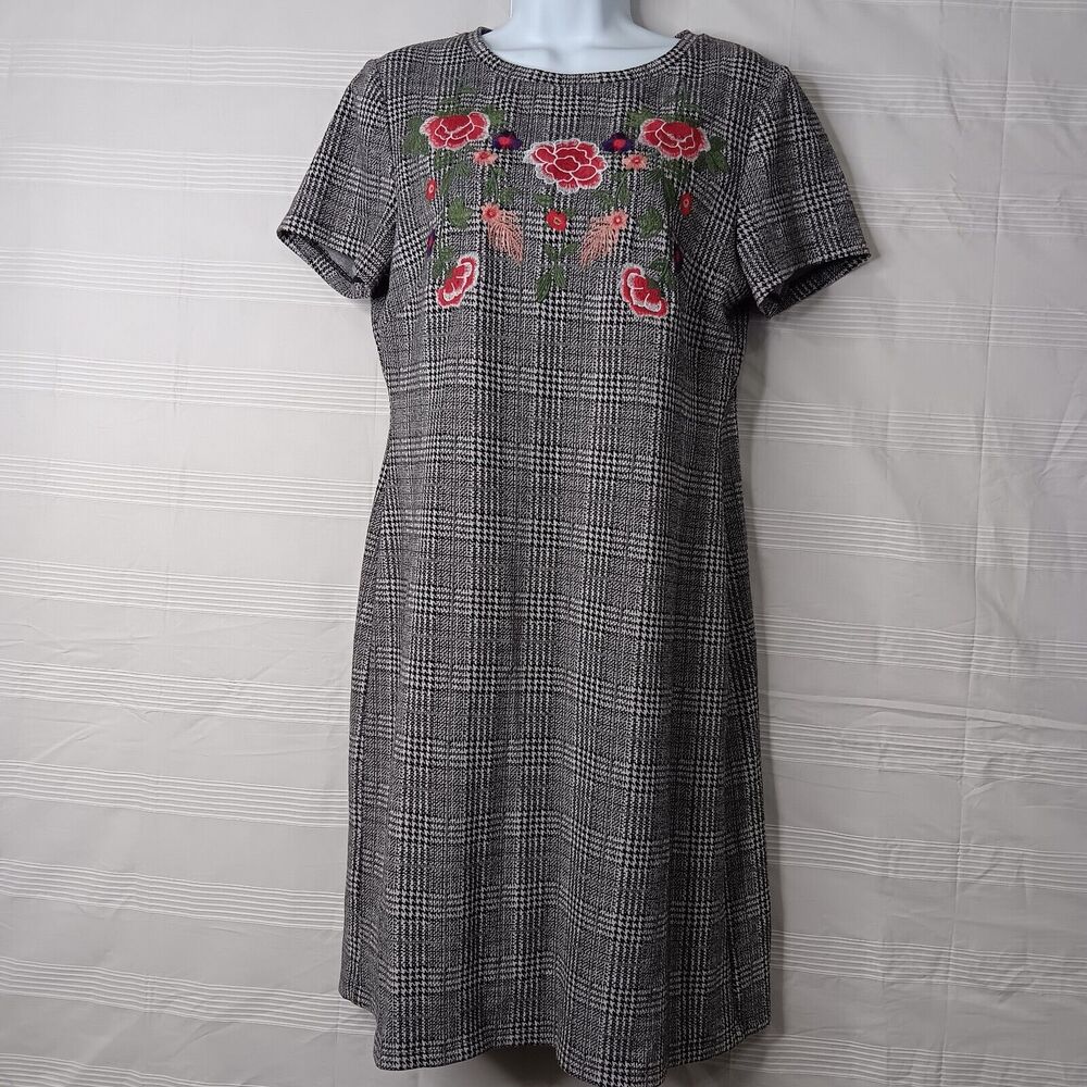 Nine West Black & White Plaid Floral‎ Embroidered Dress Women's Size 10